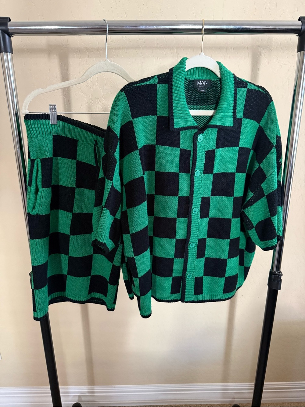 Green & Black Checkerboard Knit Set